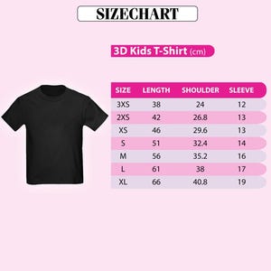 a 3D kids t-shirt size chart with a black t-shirt displayed next to the chart.