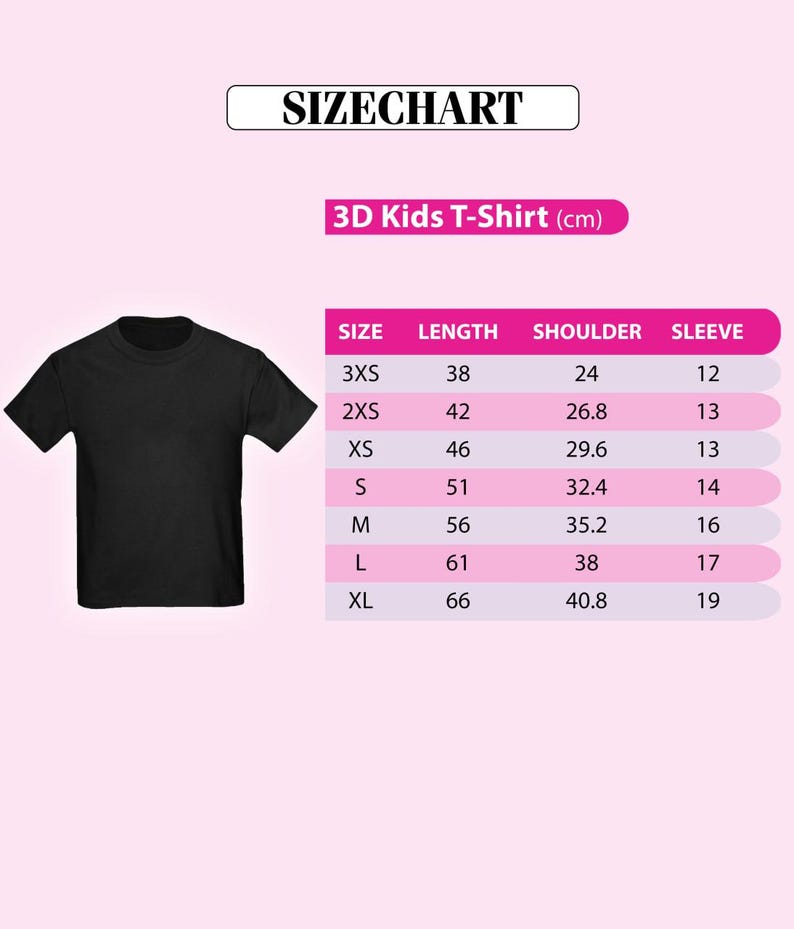 a 3D kids t-shirt size chart with a black t-shirt displayed next to the chart.