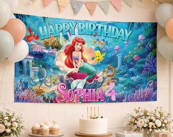Custom The little Mermaid Birthday Banner, Ariel Princess Birthday Backdrop Decoration, Ariel Birthday Party Backdrop, Princess Party Decor