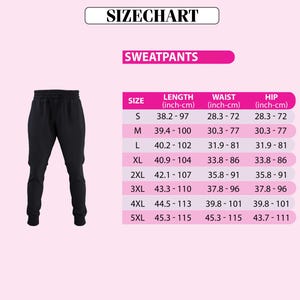 a pair of black sweatpants with a size chart indicating the waist, hip, and leg measurements for different sizes.