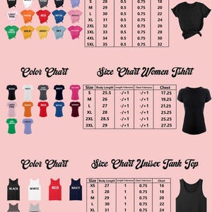 K&ouml;nnte beinhalten: Eine detaillierte Tabelle mit Farboptionen und Gr&ouml;&szlig;enangaben f&uuml;r T-Shirts, Damen-T-Shirts und Unisex-Tanktops. Die Farbtabelle enth&auml;lt verschiedene Farbt&ouml;ne, und die Gr&ouml;&szlig;entabellen liefern Ma&szlig;e in cm f&uuml;r K&ouml;rperl&auml;nge und Brustumfang.