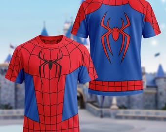 May include: A short-sleeve t-shirt featuring a red and blue color scheme with a black spider emblem on the chest and a red spider emblem on the back. The design includes a black web pattern across the red sections and a grid pattern at the hem.