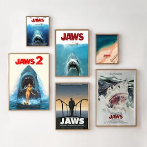 Jaws 70s Thriller Movie Vintage Poster, Jaws Film Tiger Shark And Swimmer, Quint and Hooper, White Shark Amity Island, Gift Decor Unframed