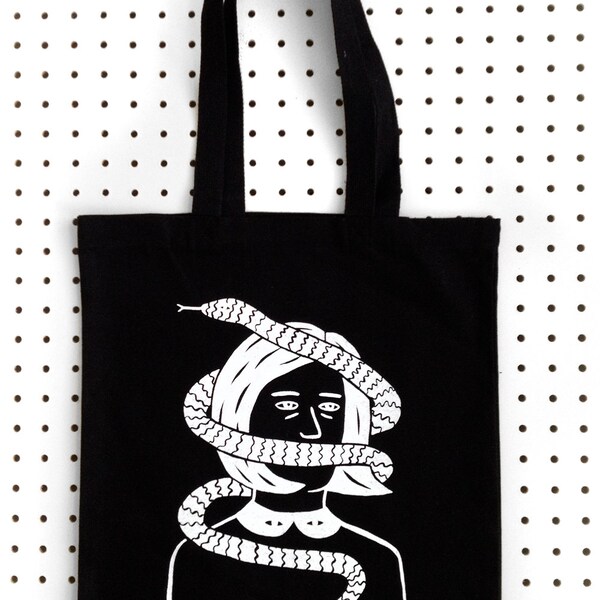 SNAKE FACE - Screen Printed Black Canvas Tote Bag