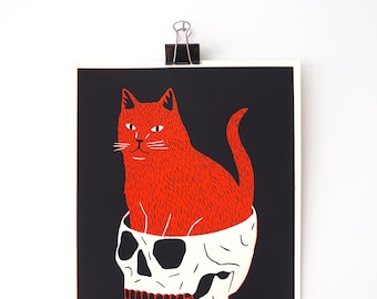 CAT + SKULL - 8.5" X 11" Screen Print