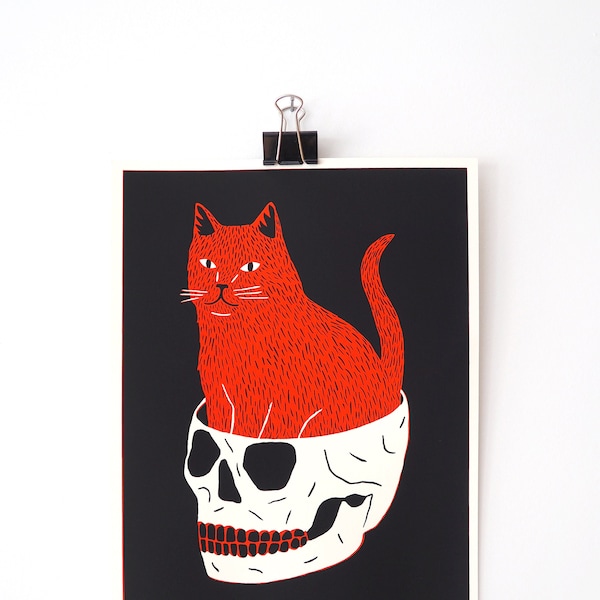 CAT + SKULL - 8.5" X 11" Screen Print