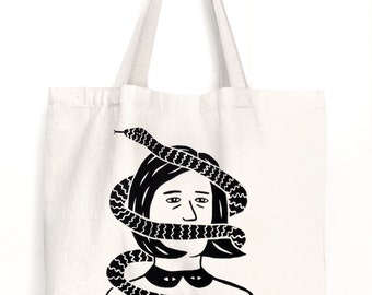 SNAKE FACE Screen Printed Canvas Tote Bag