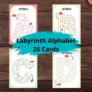 Cartes mnémotechniques du labyrinthe de l'alphabet | Feuilles d'exercices pour labyrinthe de lettres de A à Z | Apprentissage préscolaire | Activité pour tout-petits | Reconnaissance alphabétique | PDF imprimable