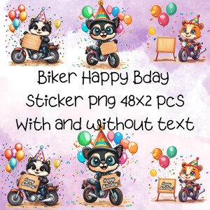 バイクの誕生日動物ステッカー PNG | 48x2枚（テキスト付き＆テキストなし） | かわいいバイカーパーティークリップアート | 印刷可能なデジタルダウンロード