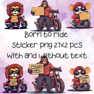 Born to Ride Biker-dierenstickers png Schattige motordieren met en zonder tekst | Biker Birthday Clipart-bundel 54 stuks