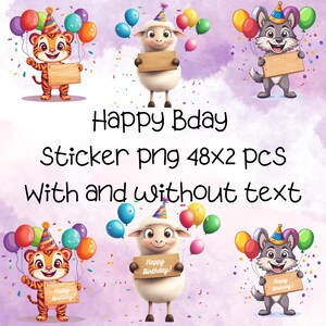Verjaardag dierenstickers, png | 48 schattige feestbeesten x2 | Met en zonder tekst | Gelukkige verjaardagsballonnen | Direct downloaden