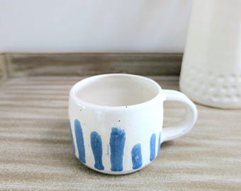 Handmade small white ceramic coffee mug with blue stripes, 8 fl oz