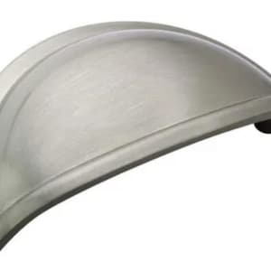 May include: A brushed nickel cabinet pull with a cup-shaped design. The handle has a curved shape and a smooth, metallic finish. This hardware is suitable for drawers and cabinets.