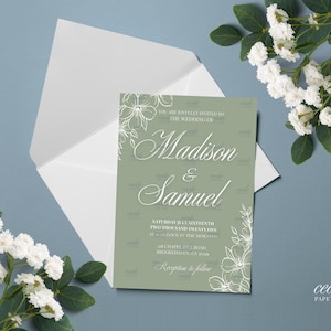 Sage Green & Ivory Fine Line Floral Wedding Invitation Template | Editable Invite | Elegant Wedding Printable | Instant Download