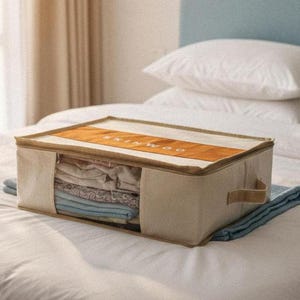 Puede incluir: Contenedor de almacenamiento de tela beige con una franja naranja en la parte superior, lleno de ropa doblada. El contenedor tiene una ventana transparente y un asa lateral. La palabra "SKINWOO" está impresa en la franja naranja.