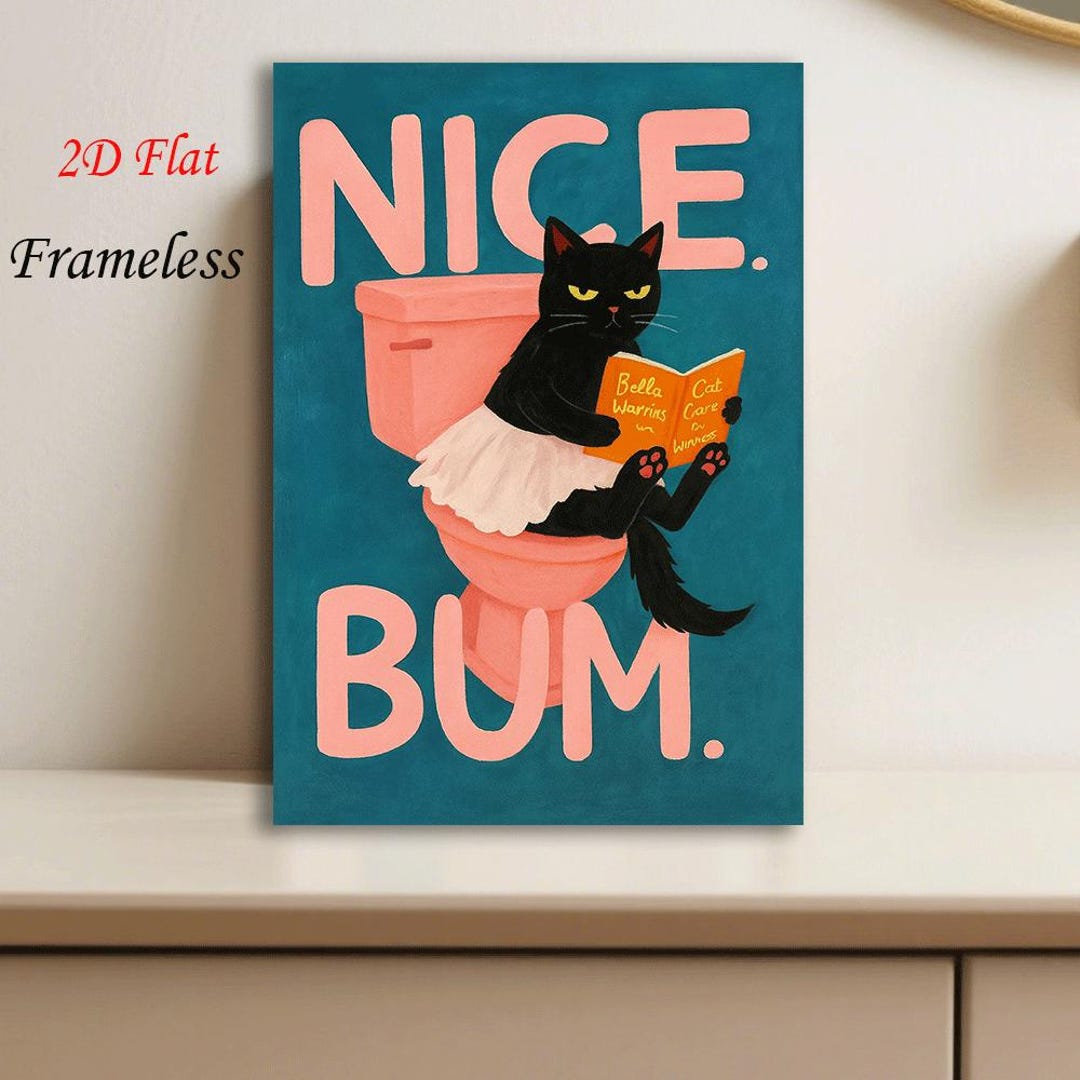 Funny Black Cat Bathroom Wall Art Print, Cute Retro Cat Reading Poster ...