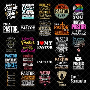 Puede incluir: Colección de diseños gráficos con textos relacionados con pastores y temas religiosos. Los diseños incluyen frases como "Mejor Pastor de Todos los Tiempos", "Amo a mi Pastor" y "Este Pastor te Ama". Los diseños utilizan varias fuentes y colores.