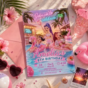 Puede incluir: Una tarjeta de invitación de cumpleaños rectangular con temática de fiesta en la piscina, tres personajes, flotadores de flamencos rosas y palmeras de neón. El texto dice Join us to celebrate, Amelia's 8TH BIRTHDAY, 24 de octubre, 4:30 PM, Huntrix Hall, 245 Main St, Apt 3B, Springfield, IL 62704, y RSVP (304) 333-3257.