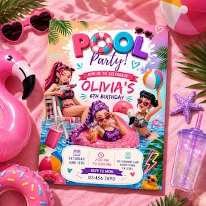 Puede incluir: Una colorida invitación a una fiesta en la piscina con ilustraciones de chicas en trajes de baño, flotadores y pelotas de playa. La invitación incluye el texto "Pool Party!" y los detalles del 6º cumpleaños de Olivia.