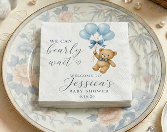 Custom Welcome to Baby Napkins, Teddy Bear with Blue Bow and Balloons Napkins, Boy Girl Baby Shower Napkins Decor, Napkins For Party Decor