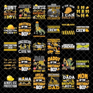 Puede incluir: Una colección de diseños de camisetas negras con gráficos y texto con temática de construcción. Los diseños incluyen frases como "Construction Crew", "Birthday Boy" y "Dad", junto con imágenes de vehículos de construcción y cascos.