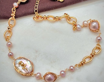 大粒真珠と金色18Kメッキチェーンのネックレス バロックパールの 