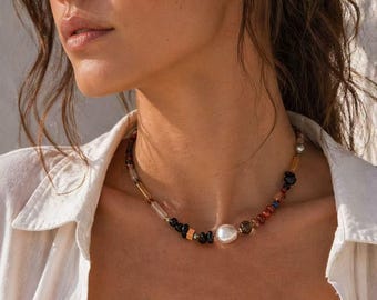 Natürliche Edelstein & Barock Perlen Halskette | Handwerker Designer Perlen Statement Schmuck