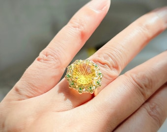 Handmade Sunflower Ring – Yellow Crystal Statement Ring with Green Floral Detailing, Adjustable Gold-Plated Band