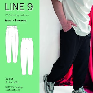 May include: Image of a PDF sewing pattern for men's trousers. The pattern includes line drawings of the trousers and the text "LINE 9" and "SIZES S to XXL". The image also shows a person wearing black trousers.