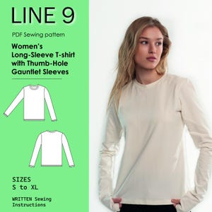 Puede incluir: Una camiseta de manga larga color crema con mangas de guante con agujero para el pulgar. La imagen incluye un patrón de costura PDF con el texto "LINE 9" y "SIZES S to XL". La camiseta la lleva una persona.