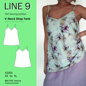 May include: A V-neck strap tank top with a floral pattern in shades of purple, pink, and green. The image also includes a PDF sewing pattern with the text "LINE 9" and "V-Neck Strap Tank". Sizes XS to XL are listed.