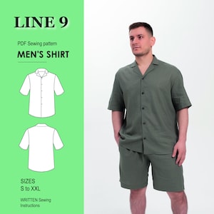 May include: A PDF sewing pattern for a men's shirt. The pattern includes sizes from S to XXL. The image shows a line drawing of the shirt and a model wearing a green linen shirt and shorts.