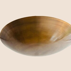 May include: A bronze-colored, oval-shaped bowl with a smooth, reflective surface. The bowl has a shallow depth and a wide opening. The color transitions from a darker brown at the base to a lighter, golden hue towards the rim. The bowl is likely for decorative or serving purposes.