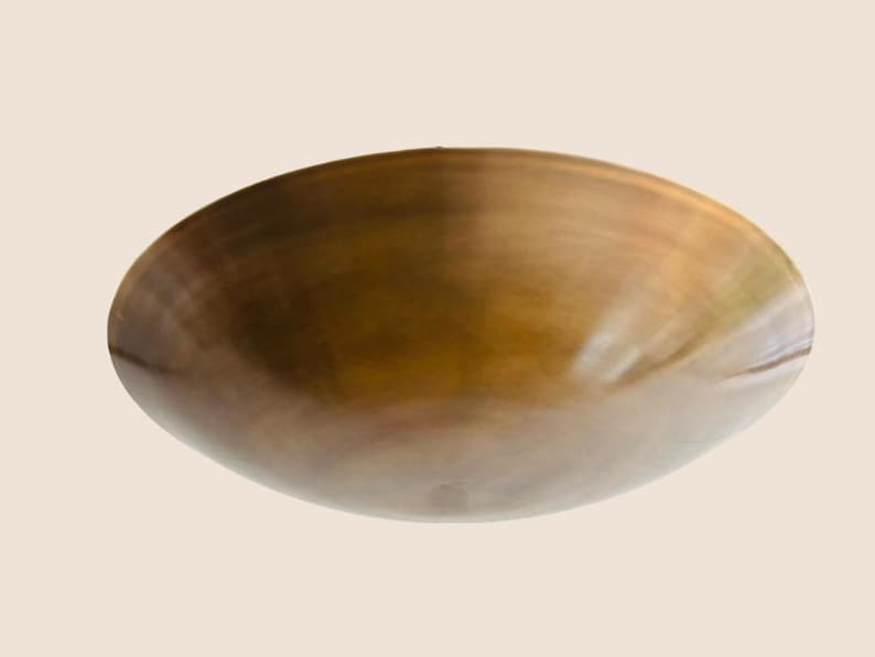 May include: A bronze-colored, oval-shaped bowl with a smooth, reflective surface. The bowl has a shallow depth and a wide opening. The color transitions from a darker brown at the base to a lighter, golden hue towards the rim. The bowl is likely for decorative or serving purposes.