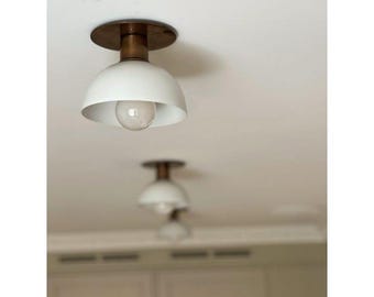 Modern Brass and White Dome Flush Mount Ceiling Light – Minimalist Mid-Century Style Fixture