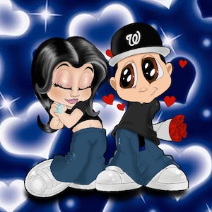 Personalized Anniversary Couple Gift Drawing - 90's/Y2K Valentine’s Illustration Couples Portrait, Birthday Gift, Chicano Couple Art