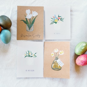 Handgetekende paaskaart | Tulp, kleurrijk boeket, narcis, blanco wenskaart
