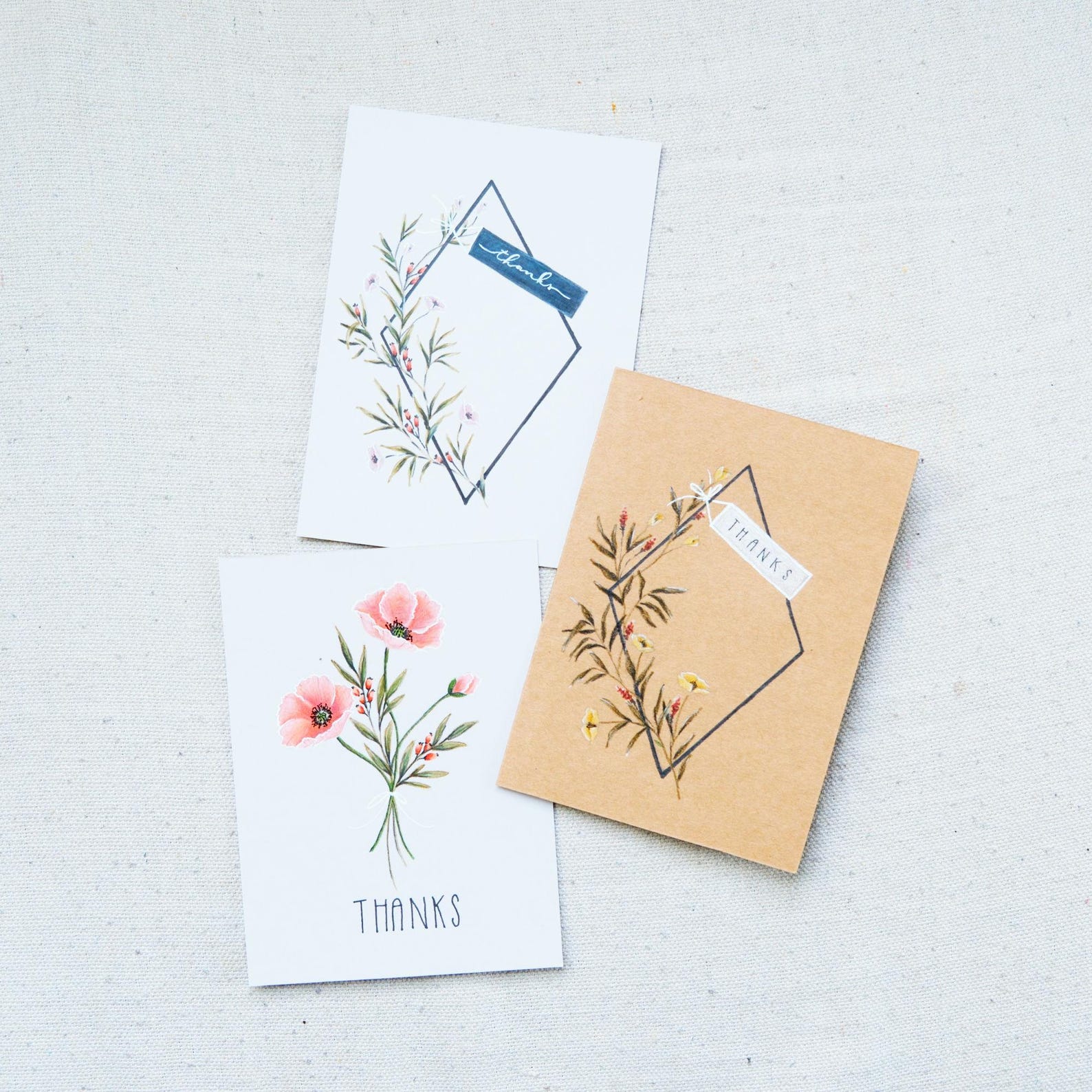 Hand-drawn Floral Thank You Card | Blank Inside, Single or Set of 3 - Etsy