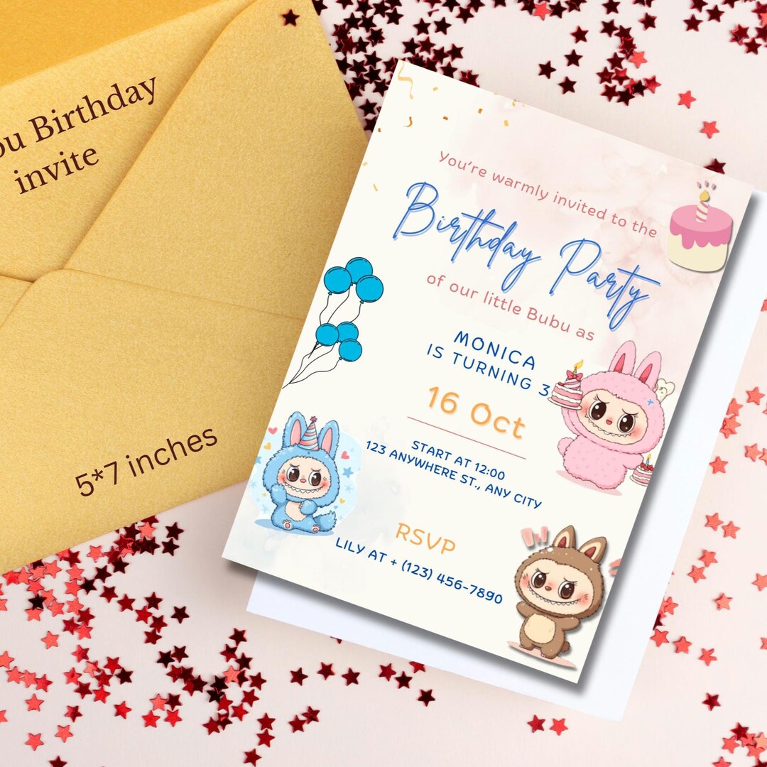 Labubu Digital Pink Labubu Card Birthday Party Girls and Boys ...