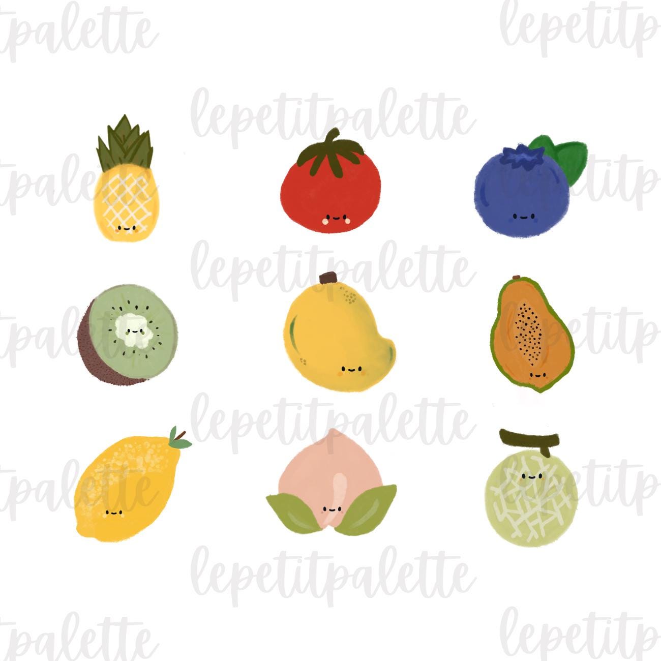 Kawaii Fruit Clipart PNG – Cute Watercolor Fruit Bundle – Hand-drawn ...