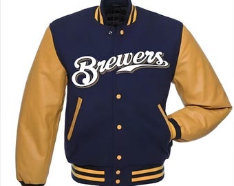 Chaqueta azul marino con mangas de cuero dorado de los Milwaukee Brewers, hecha a medida.