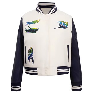 Tampa Bay Rays Off White Body Marinblå Läderärmar Jacka Team Varsity Specialtillverkade Jackor