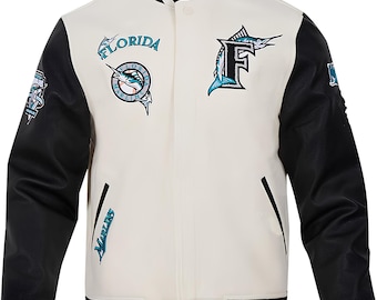 Chaqueta de los Miami Marlins con mangas de cuero negro y cuerpo blanco roto, chaquetas personalizadas del equipo universitario