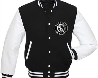Chaqueta de los Brooklyn Nets con mangas de cuero blancas y cuerpo negro, chaquetas personalizadas del equipo universitario, chaqueta de béisbol, chaqueta Letterman, chaquetas del equipo universitario
