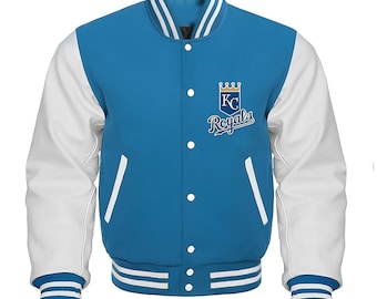 Kansas City Royals Sky Blue Body White Leather Sleeves Jacket Team Varsity Custom Made Jackets