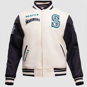 Seattle Mariners Off White Body Navy Blue Leather Sleeves Jacket  Team Varsity Custom Made Jackets