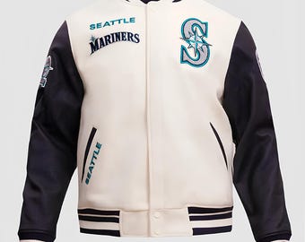 Chaqueta Seattle Mariners color blanco roto con mangas de cuero azul marino, estilo universitario, hecha a medida.
