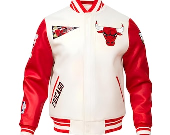 Chaqueta de los Chicago Bulls con mangas de cuero rojo y cuerpo blanco roto, chaquetas personalizadas del equipo universitario, chaqueta de béisbol Letterman, chaquetas del equipo universitario