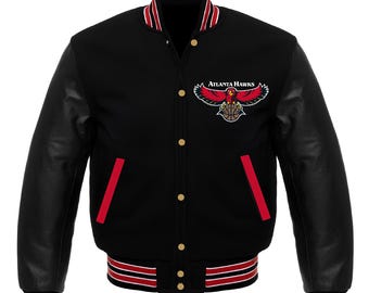 Chaqueta negra de los Atlanta Hawks con mangas de cuero negro, chaquetas personalizadas del equipo universitario, chaqueta de béisbol, chaqueta Letterman, chaquetas del equipo universitario.