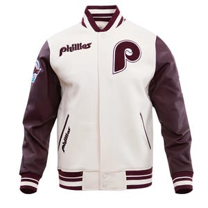 Kurtka Philadelphia Phillies Off White Body Maroon Leather Sleeves Team Varsity Custom Made Jackets